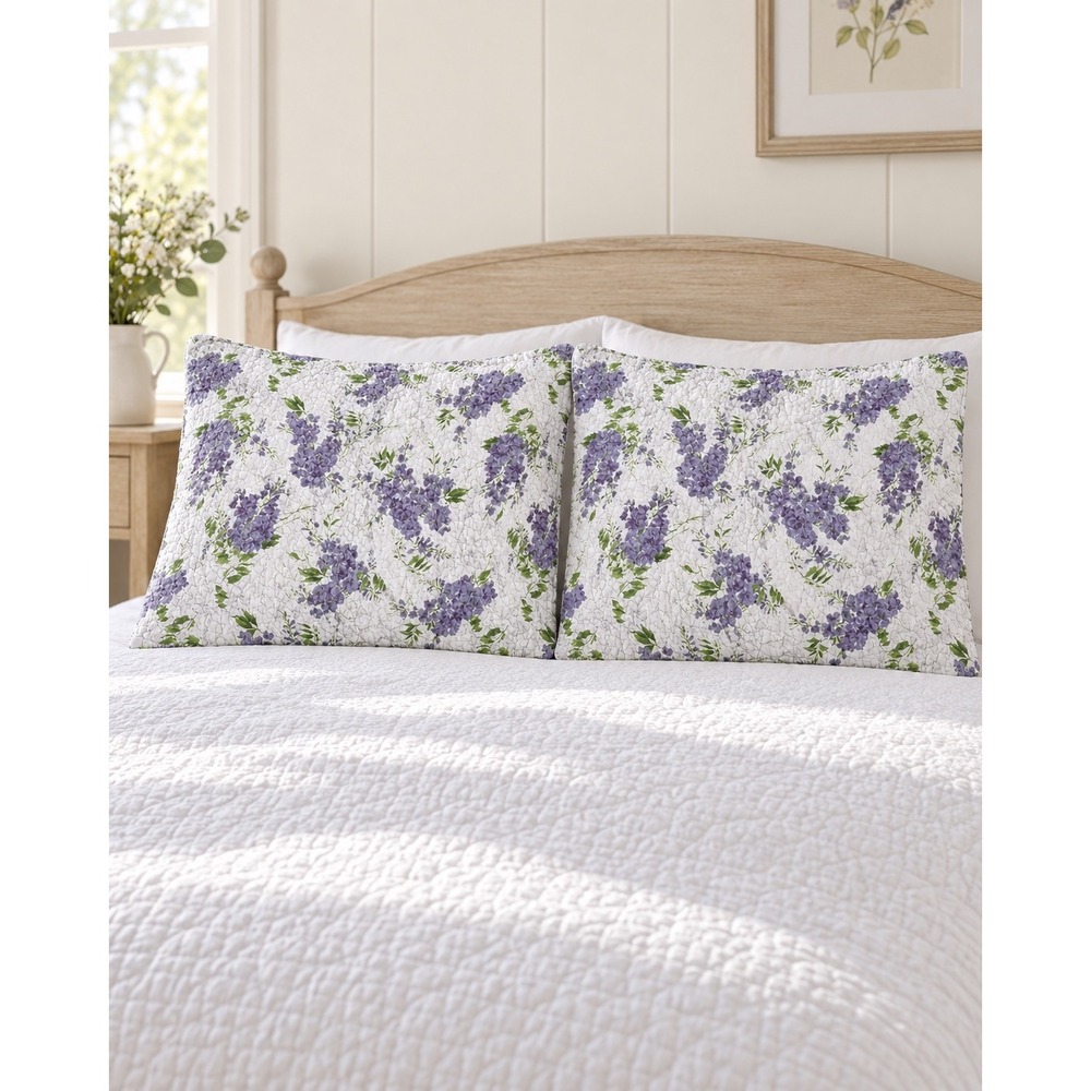 Vintage Laura Ashley Lavender Wisteria Floral Quilted Pillow Shams Pair